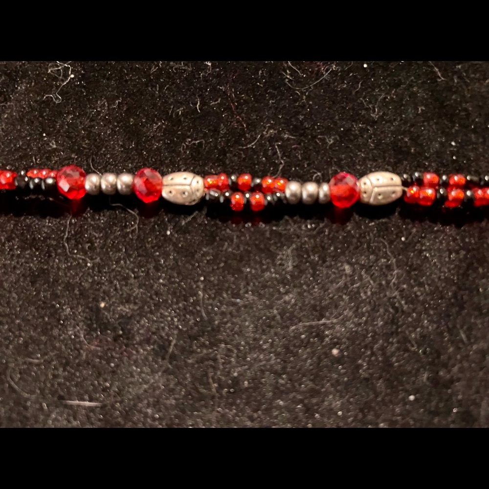 Handmade Beaded Ladybug Choker - Red & Black w Silver Ladybug Embellishments 🐞